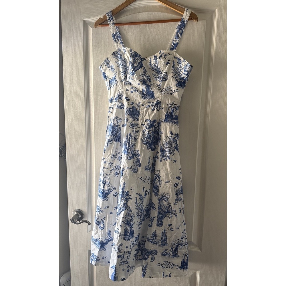Avec Les Filles Blue White Mermaid Toile Linen Blend Midi Dress Size 8 NWT - Picture 6 of 16